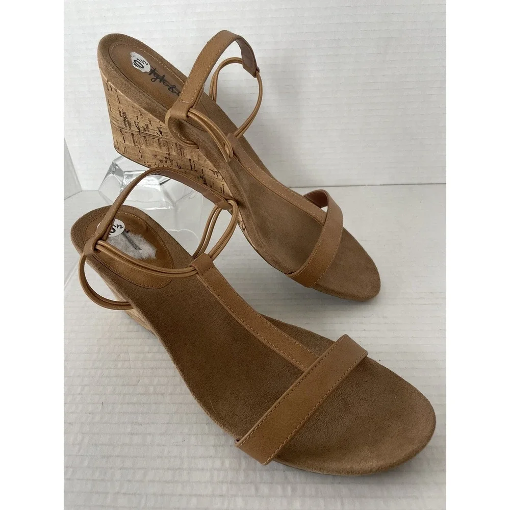 Style&Co Heels Womens 10.5M Mulan Open Toe Wedges TStraps Brown Slip On